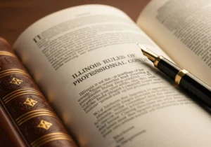 Un libro de leyes abierto a las Normas de Conducta Profesional de Illinois, que ilustra las nuevas normas éticas para los abogados.