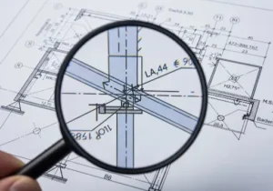 Magnifying glass focusing on a blueprint detail, representing the need for evidence and expert analysis in a breach of professional contract claim.