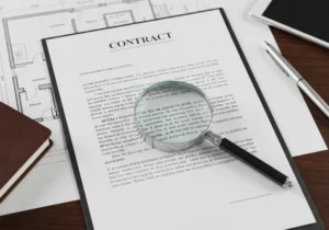 Una lupa que resalta una cláusula en un contrato de propiedad comercial, simbolizando la importancia de los detalles en una disputa inmobiliaria en Illinois.