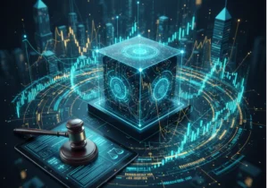 AI market manipulation concept showing a digital black box algorithm under legal scrutiny with financial charts.