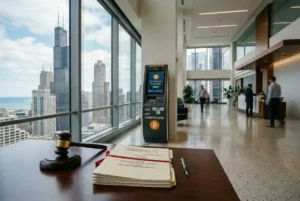 Bitcoin ATM in Chicago office with a legal gavel and federal court documents representing a cryptocurrency money laundering investigation.
