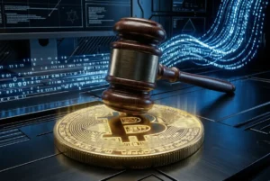 A judicial gavel resting on a gold cryptocurrency coin, symbolizing the DOJ seizure and legal recovery of investment fraud funds.
